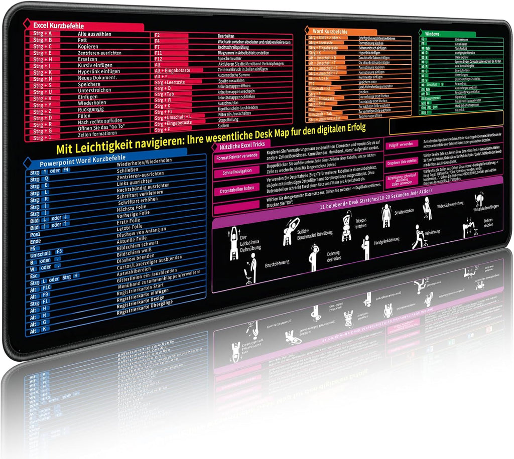 Mauspad 800 X 300 X 3 Mm,Tastaturkürzeln Mousepad,Deutsch Mousepad Für Excel, Word, PPT, Windows Spickzettel Schreibtischunterlage,Deutsch Mauspad Shortcuts Unterlage Bürozubehör