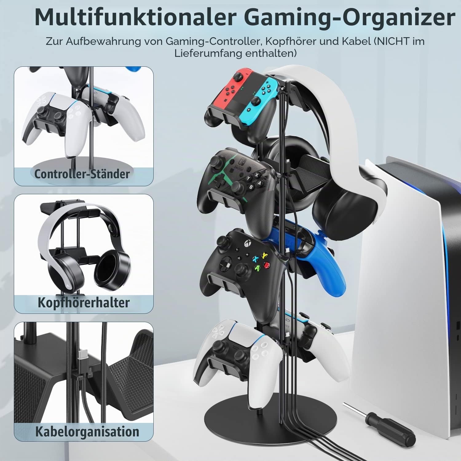 Gaming Deko Controller Halterung, 4-Stufen Controller Halter & Kopfhörer Halterung Tisch Mit Kabel Gaming Organizer, Kopfhörer Halter Für Universaler Controller/Headset, Gaming Zubehör Zimmer Deko