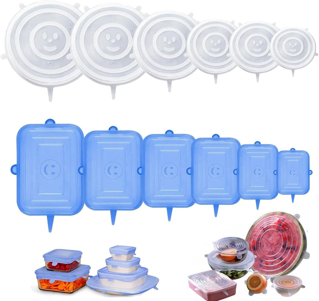 Silikondeckel Dehnbar Stretch Silikon Deckel Set,12 Stück,Wiederverwendbare | Universal-Deckel in Rund+Rechteckig, Verschiedenen Größen, Transparent,Silikondeckel Für Schüsseln Für Schüsseln,Becher,Dosen
