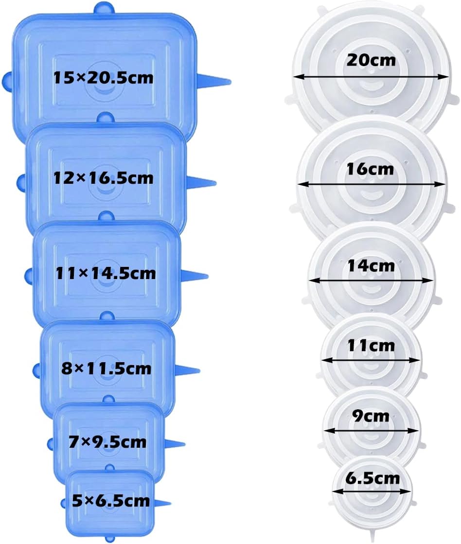 Silikondeckel Dehnbar Stretch Silikon Deckel Set,12 Stück,Wiederverwendbare | Universal-Deckel in Rund+Rechteckig, Verschiedenen Größen, Transparent,Silikondeckel Für Schüsseln Für Schüsseln,Becher,Dosen