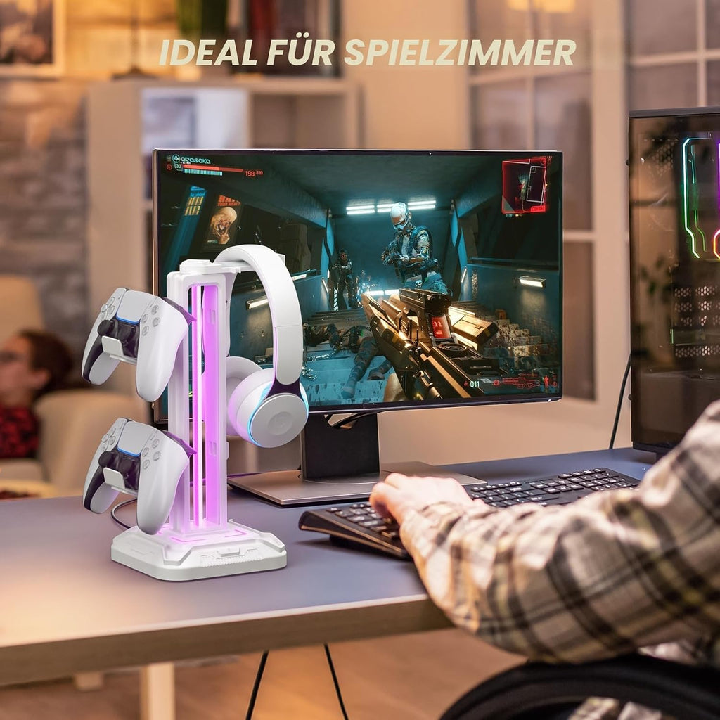 KDD Gaming Kopfhörer Ständer Led Mit 9 Lichtmodi - Drehbarer Headset Halterung Tisch Mit Abnehmbarer Controller Halterung - Headset Ständer Gaming Zubehör Für Gamer PC Xbox ONE Ps5(Weiß)