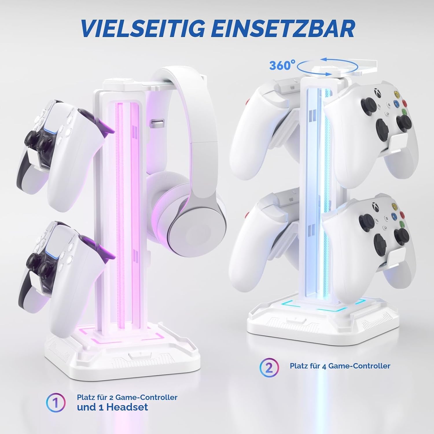 KDD Gaming Kopfhörer Ständer Led Mit 9 Lichtmodi - Drehbarer Headset Halterung Tisch Mit Abnehmbarer Controller Halterung - Headset Ständer Gaming Zubehör Für Gamer PC Xbox ONE Ps5(Weiß)