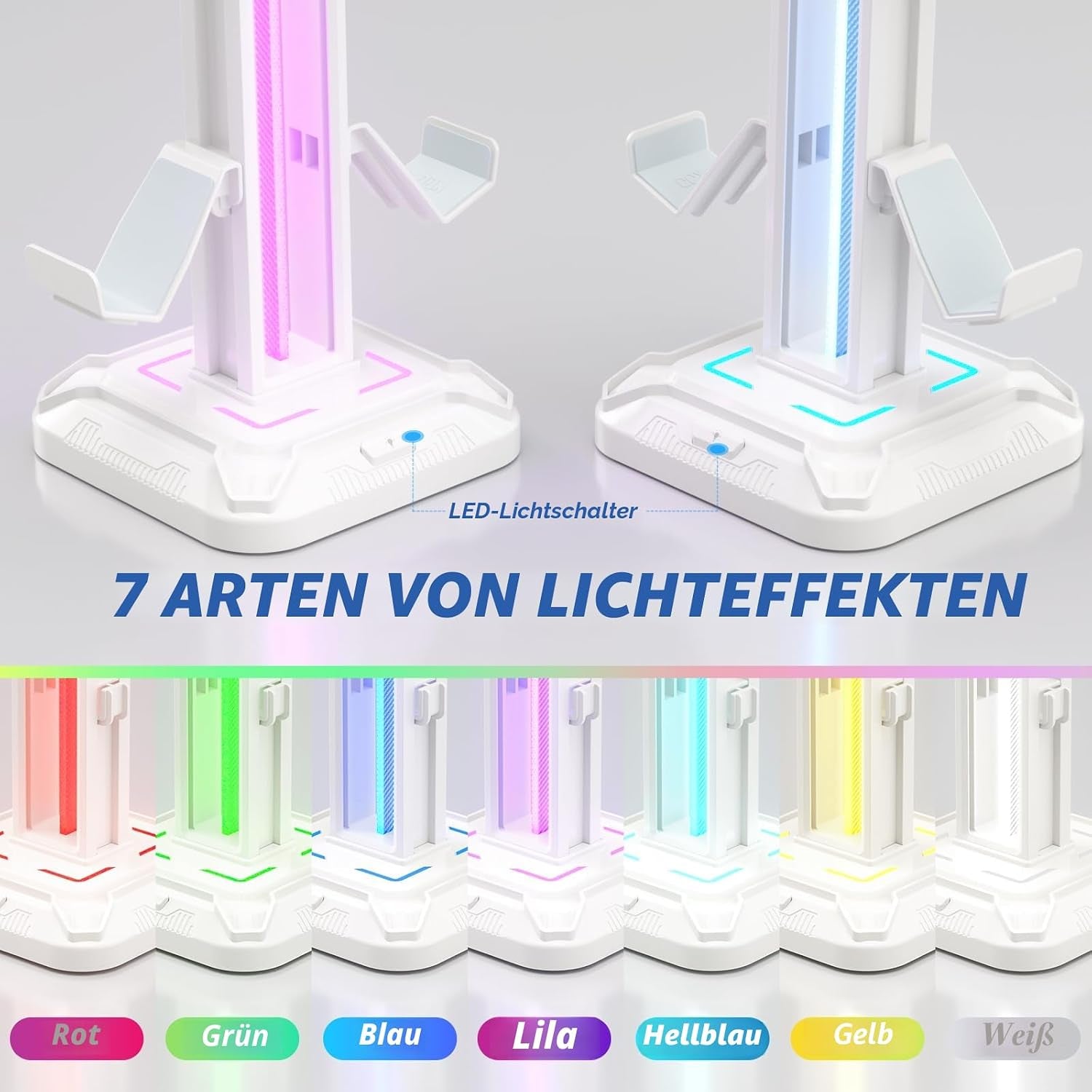 KDD Gaming Kopfhörer Ständer Led Mit 9 Lichtmodi - Drehbarer Headset Halterung Tisch Mit Abnehmbarer Controller Halterung - Headset Ständer Gaming Zubehör Für Gamer PC Xbox ONE Ps5(Weiß)