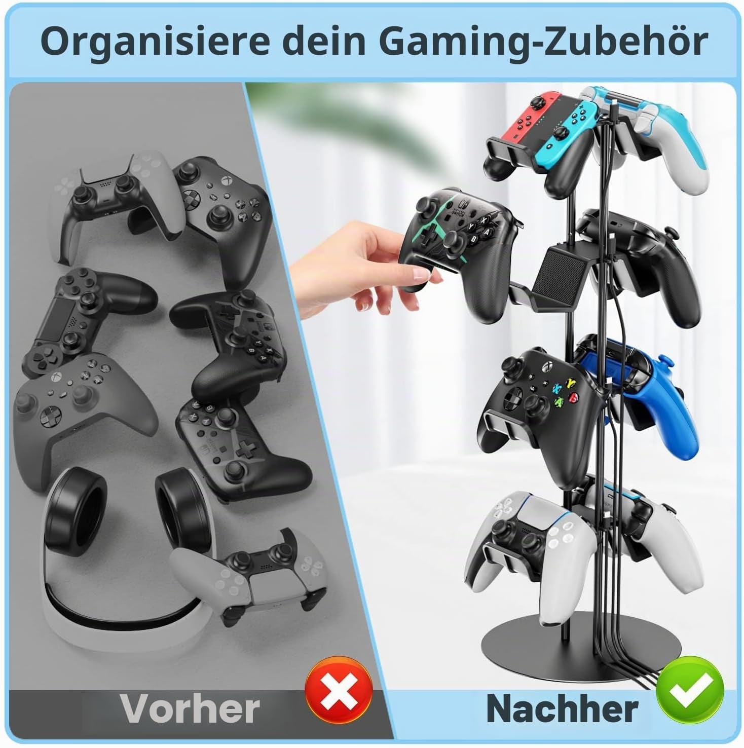 Gaming Deko Controller Halterung, 4-Stufen Controller Halter & Kopfhörer Halterung Tisch Mit Kabel Gaming Organizer, Kopfhörer Halter Für Universaler Controller/Headset, Gaming Zubehör Zimmer Deko