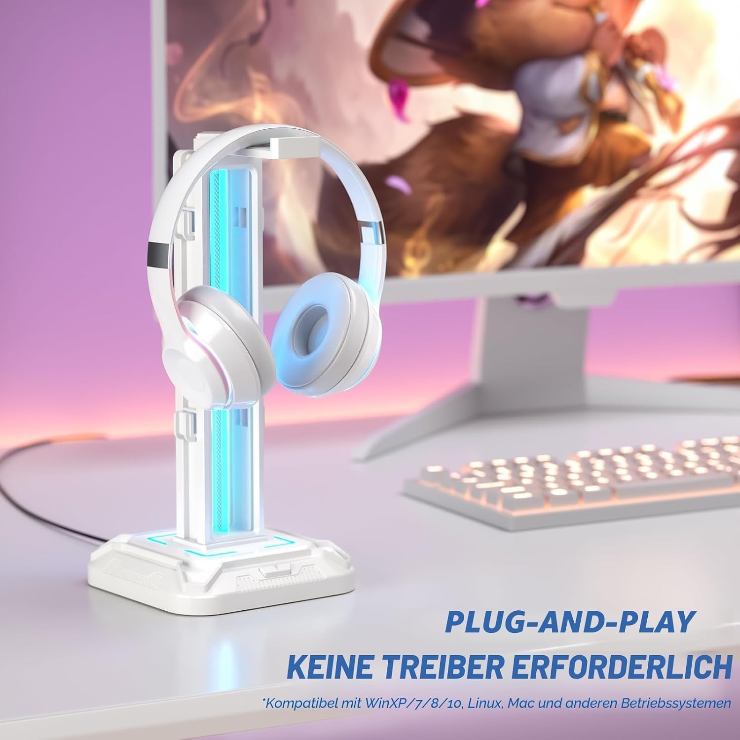 KDD Gaming Kopfhörer Ständer Led Mit 9 Lichtmodi - Drehbarer Headset Halterung Tisch Mit Abnehmbarer Controller Halterung - Headset Ständer Gaming Zubehör Für Gamer PC Xbox ONE Ps5(Weiß)