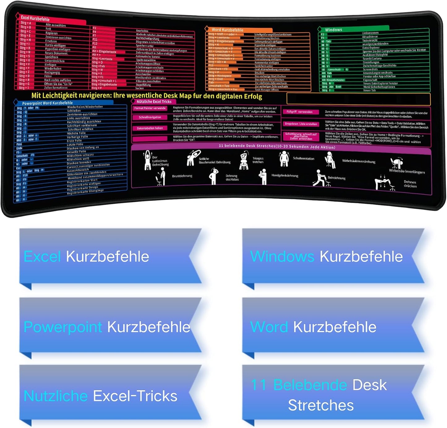 Mauspad 800 X 300 X 3 Mm,Tastaturkürzeln Mousepad,Deutsch Mousepad Für Excel, Word, PPT, Windows Spickzettel Schreibtischunterlage,Deutsch Mauspad Shortcuts Unterlage Bürozubehör