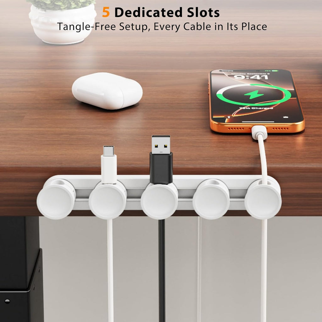 Kabel Organizer Mit Schiebeschiene, 5 Magnetische Verstellbare Kabelclips, 45° Drehbarer Kabelhalter, 8 Mm Kabelmanagement Für Schreibtisch, TV, PC, Ladekabel, Starke Klebebefestigung | Kabel Organizer Mit Schiebeschiene, Magnetische Verstellbare Kabelclips