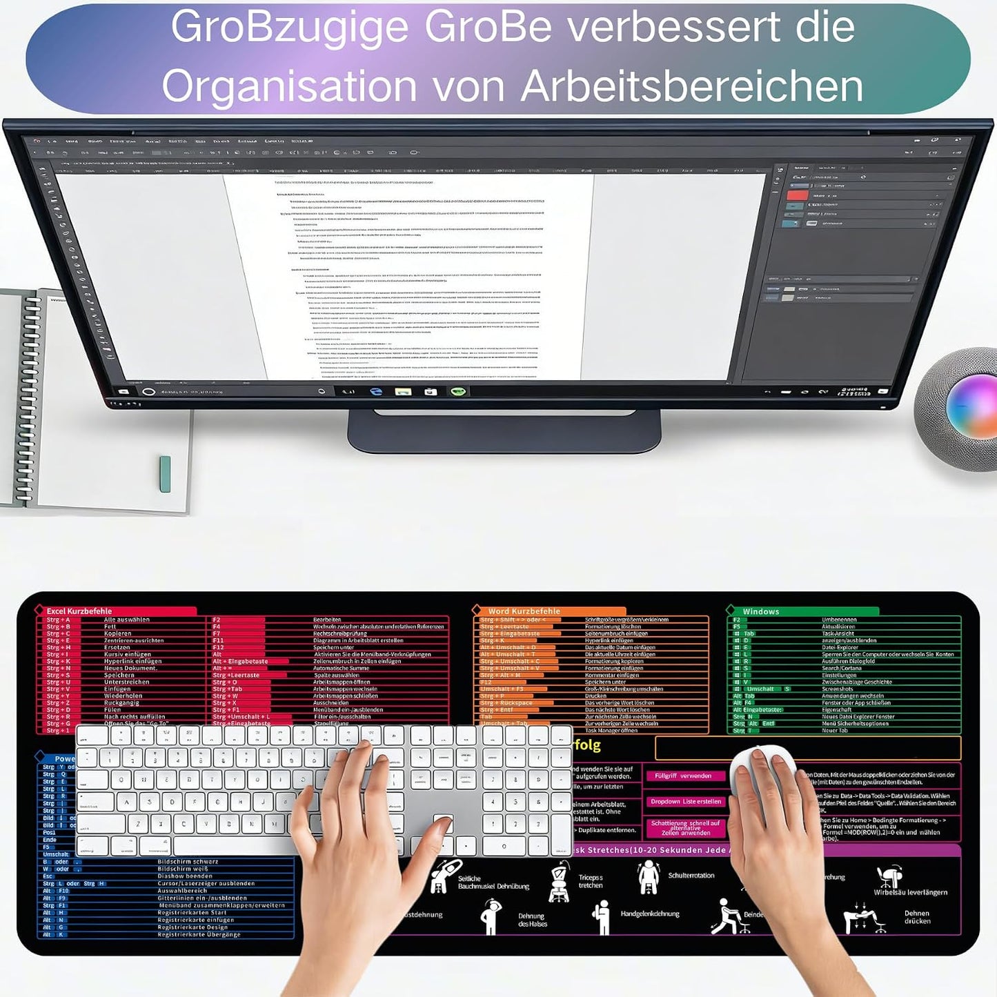 Mauspad 800 X 300 X 3 Mm,Tastaturkürzeln Mousepad,Deutsch Mousepad Für Excel, Word, PPT, Windows Spickzettel Schreibtischunterlage,Deutsch Mauspad Shortcuts Unterlage Bürozubehör