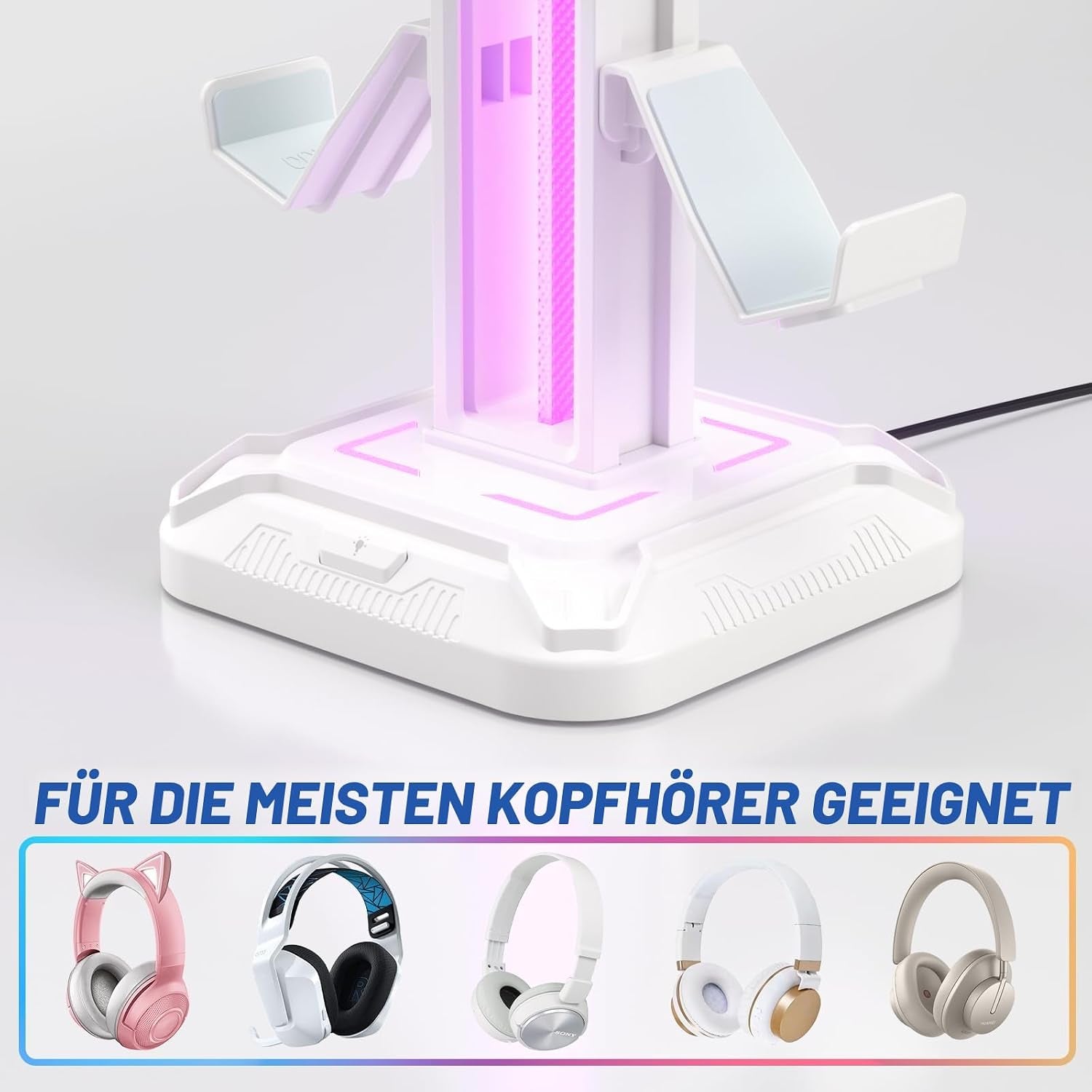 KDD Gaming Kopfhörer Ständer Led Mit 9 Lichtmodi - Drehbarer Headset Halterung Tisch Mit Abnehmbarer Controller Halterung - Headset Ständer Gaming Zubehör Für Gamer PC Xbox ONE Ps5(Weiß)