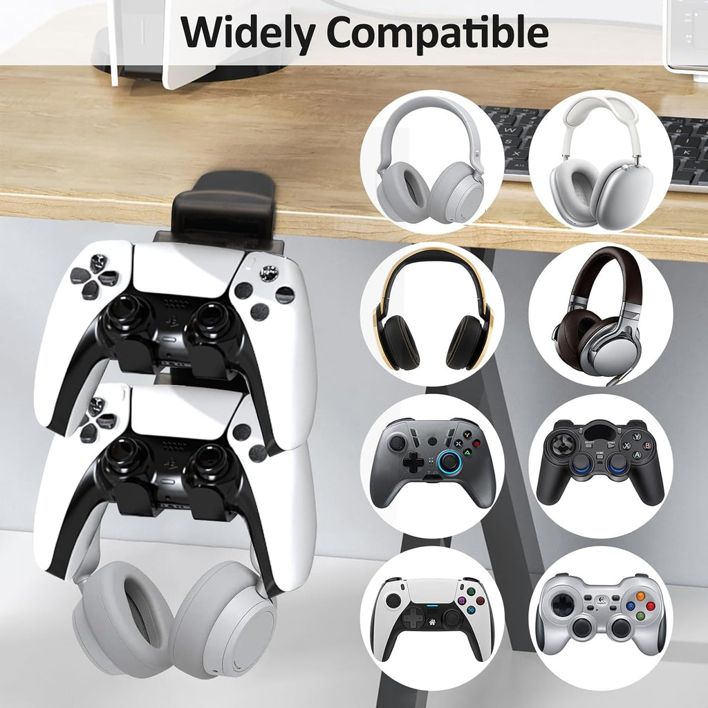 2 in 1 Kopfhörer Ständer Controller Halter, 360° Drehbar Headset Halterung Tisch Mit Kabel Organizer, Universal Kopfhörerständer Gaming Zubehör (Schwarz)