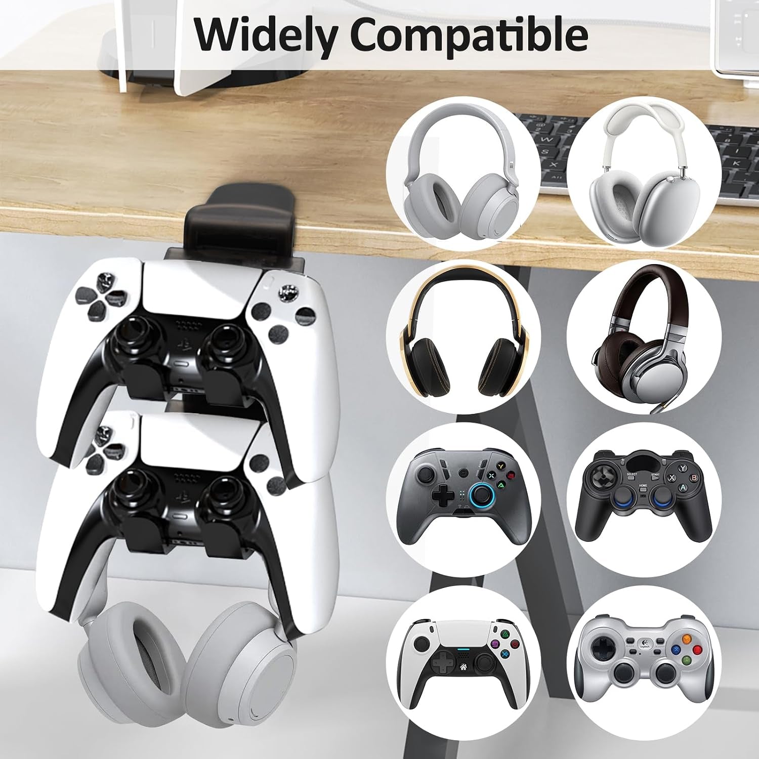 2 in 1 Kopfhörer Ständer Controller Halter, 360° Drehbar Headset Halterung Tisch Mit Kabel Organizer, Universal Kopfhörerständer Gaming Zubehör (Schwarz)