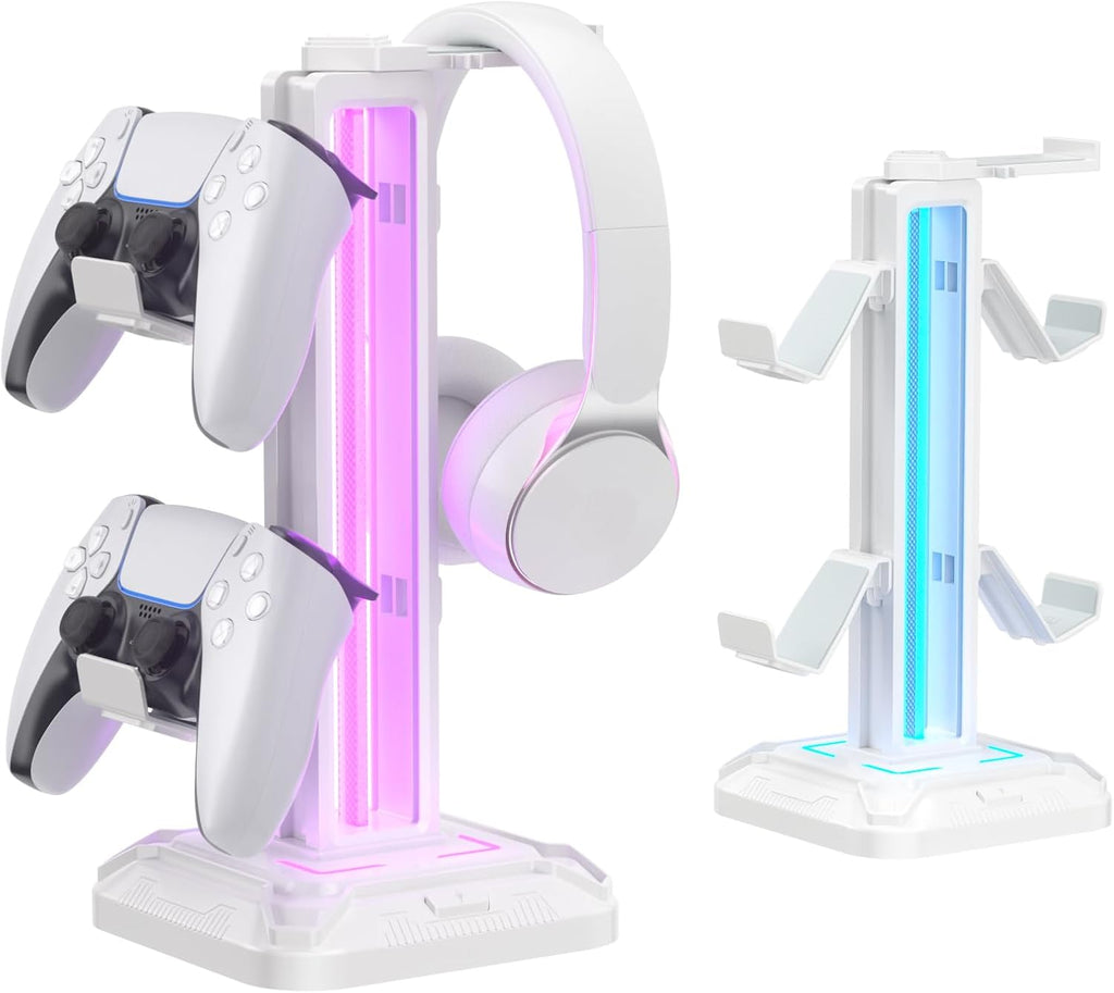 KDD Gaming Kopfhörer Ständer Led Mit 9 Lichtmodi - Drehbarer Headset Halterung Tisch Mit Abnehmbarer Controller Halterung - Headset Ständer Gaming Zubehör Für Gamer PC Xbox ONE Ps5(Weiß)
