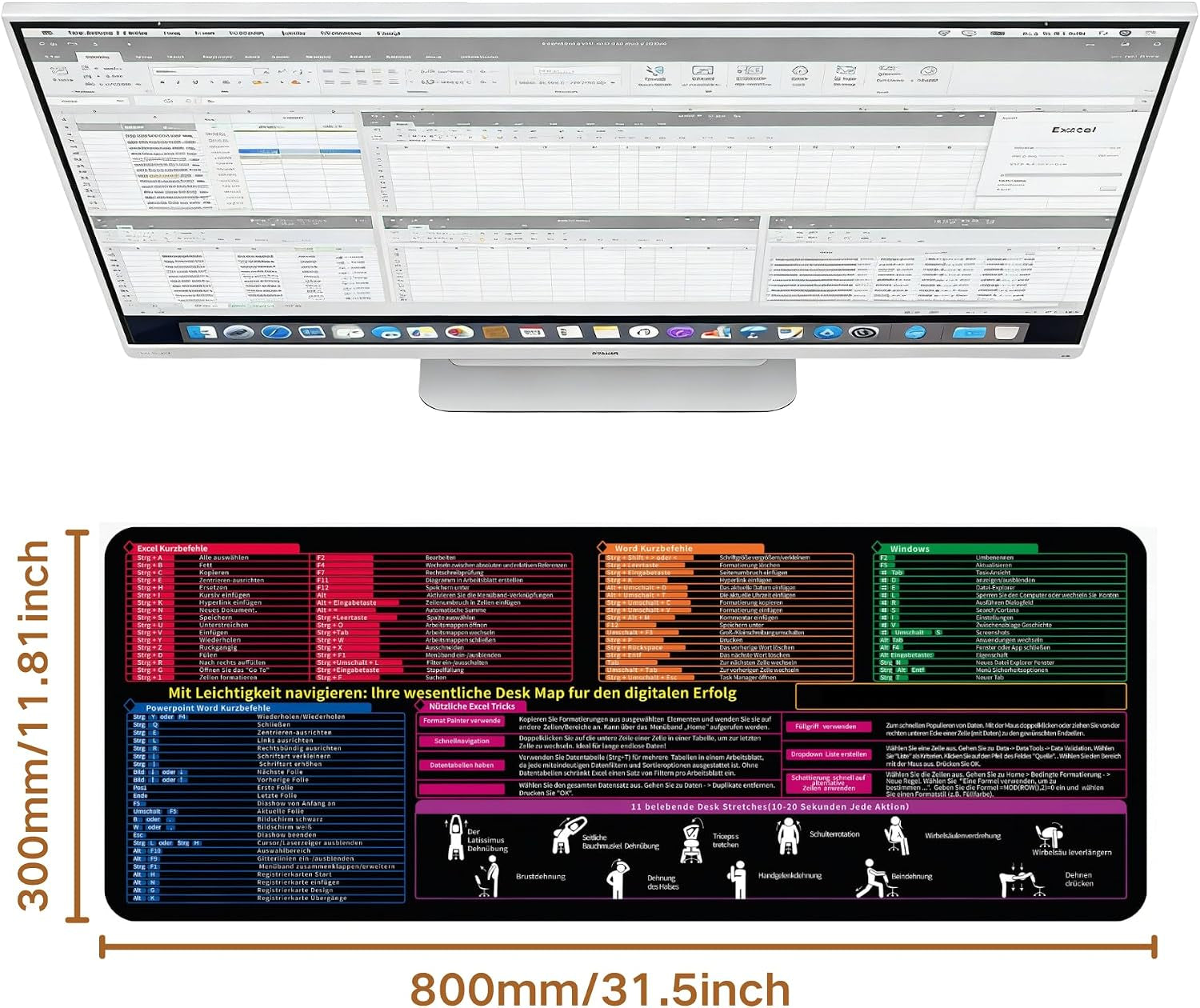 Mauspad 800 X 300 X 3 Mm,Tastaturkürzeln Mousepad,Deutsch Mousepad Für Excel, Word, PPT, Windows Spickzettel Schreibtischunterlage,Deutsch Mauspad Shortcuts Unterlage Bürozubehör