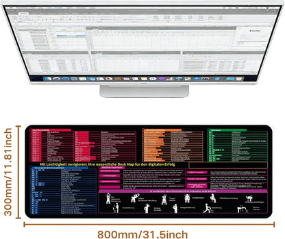 Mauspad 800 X 300 X 3 Mm,Tastaturkürzeln Mousepad,Deutsch Mousepad Für Excel, Word, PPT, Windows Spickzettel Schreibtischunterlage,Deutsch Mauspad Shortcuts Unterlage Bürozubehör