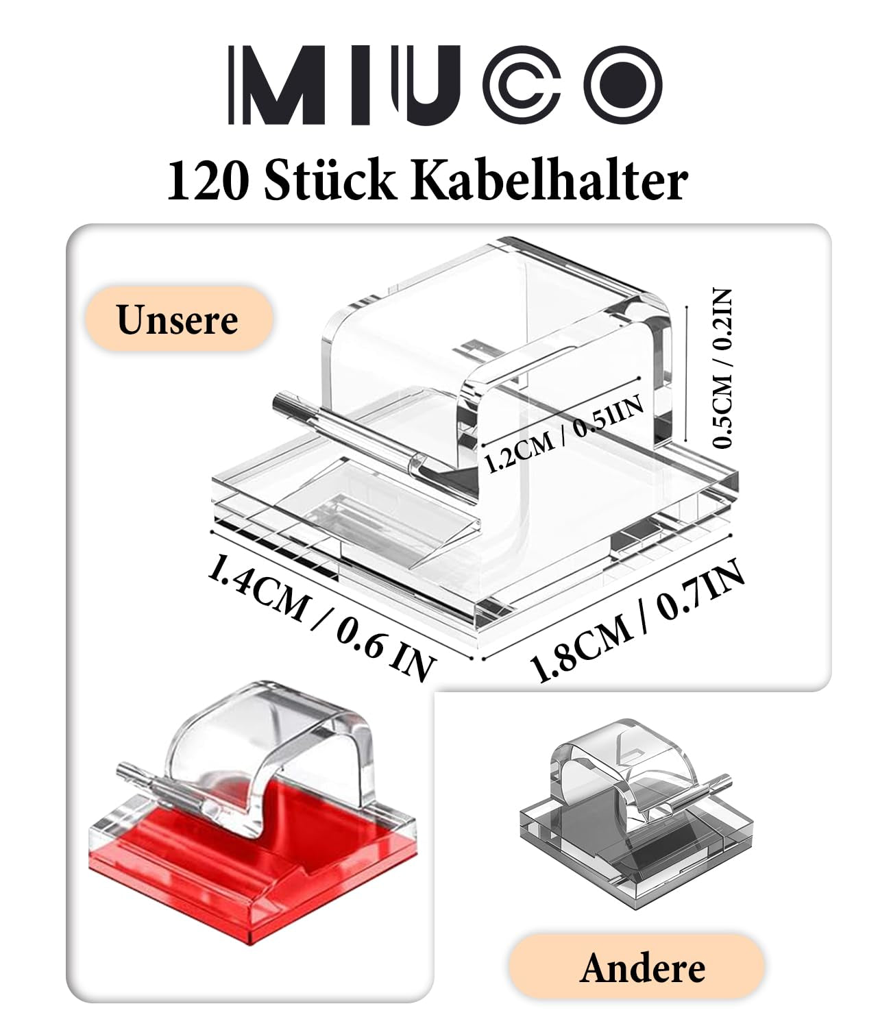 Miuco 120 Stück Kabelhalter Selbstklebend - Kabelclips Für Kabelmanagement Und Kabel Organizer - Kabelklemmen & Kabelbefestigung Am Schreibtisch - Transparent Kabelführung (Lichterkette Befestigung)